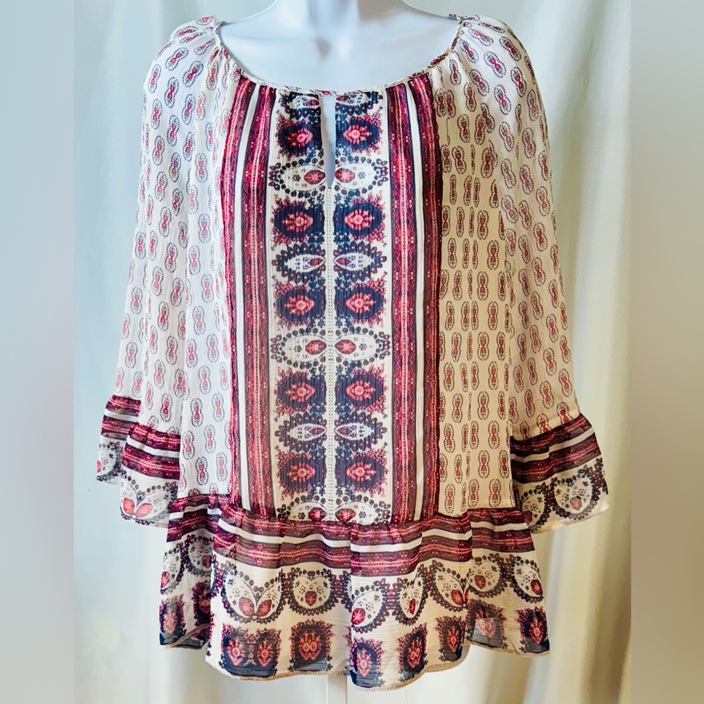 St. John's Bay‎ Sheer Lightweight Lined Ruffle Hem Keyhole Neck Peasant Top Sz M